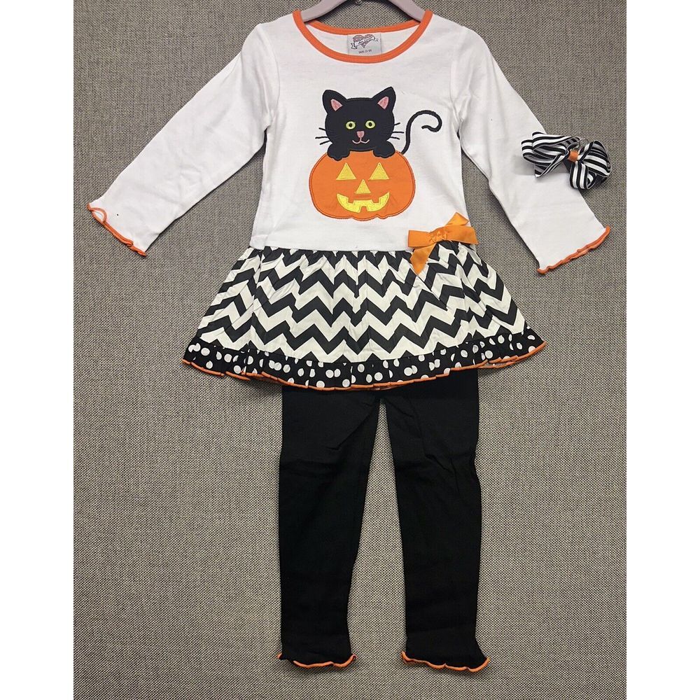 BNWT Ann Loren Halloween Black Cat In Pumpkin Dress‎ Pants Set Girls Size 2/3T